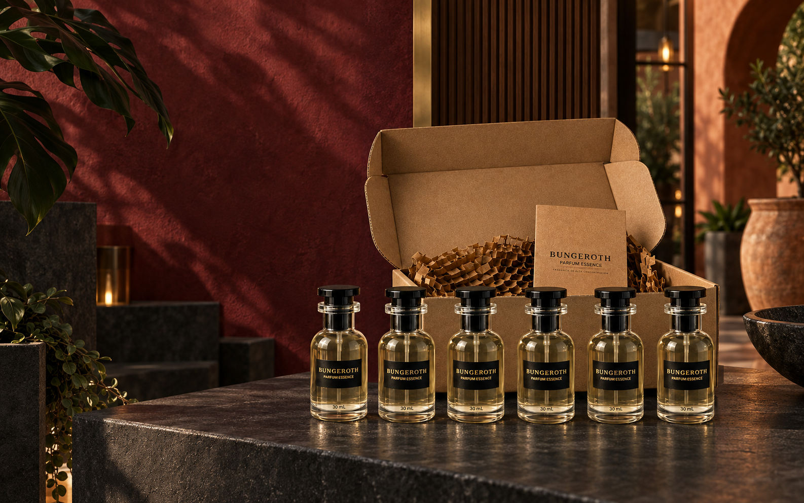 Pack Bungeroth con caja y seis frascos Parfum Essence de 30 mL en un espacio de arquitectura contemporánea